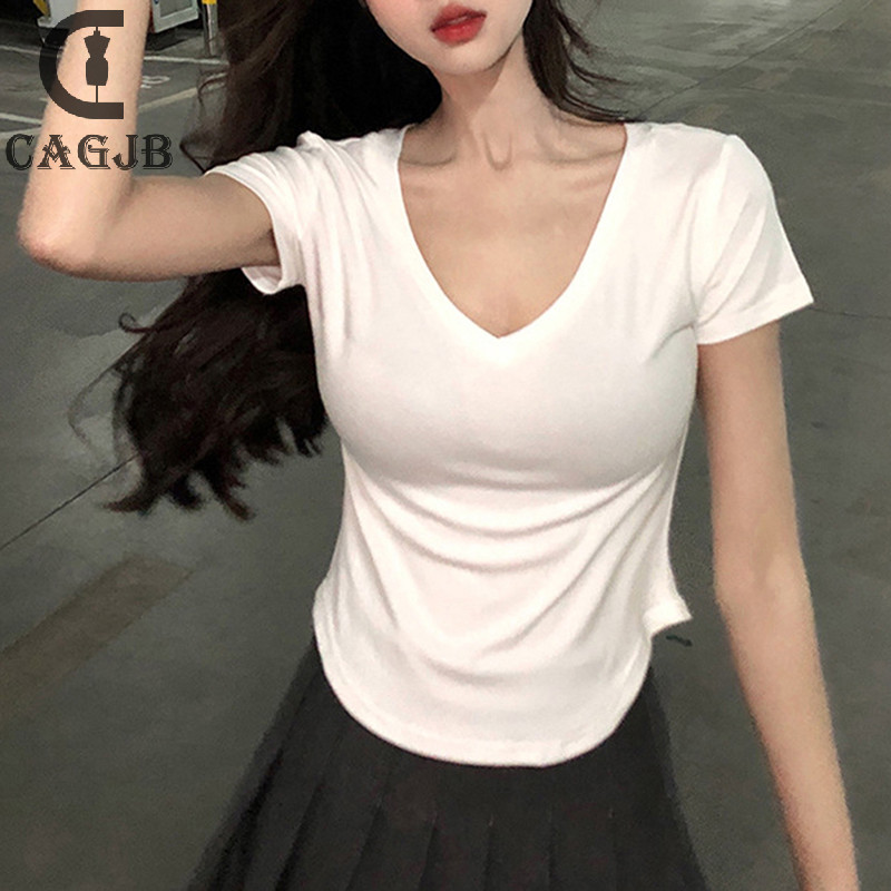 [SSNE] เสื้อยืดลําลอง คอวี แขนสั้น สีพื้น ทรงไม่สมมาตร แฟชั่นฤดูร้อน สําหรับสตรี UOM
