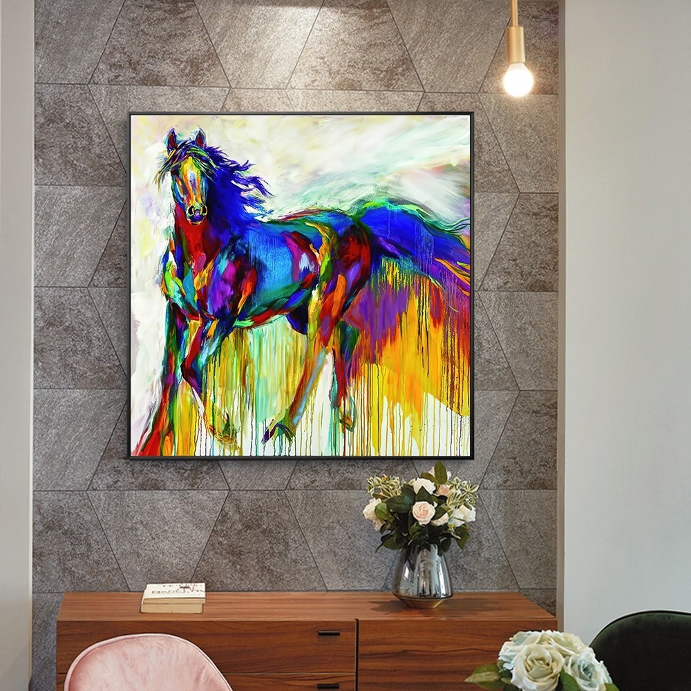 ภาพโปสเตอร์ ภาพวาดม้า บนผ้าใบ หลากสีสัน สําหรับตกแต่งผนัง ห้องนั่งเล่น zfx 0126