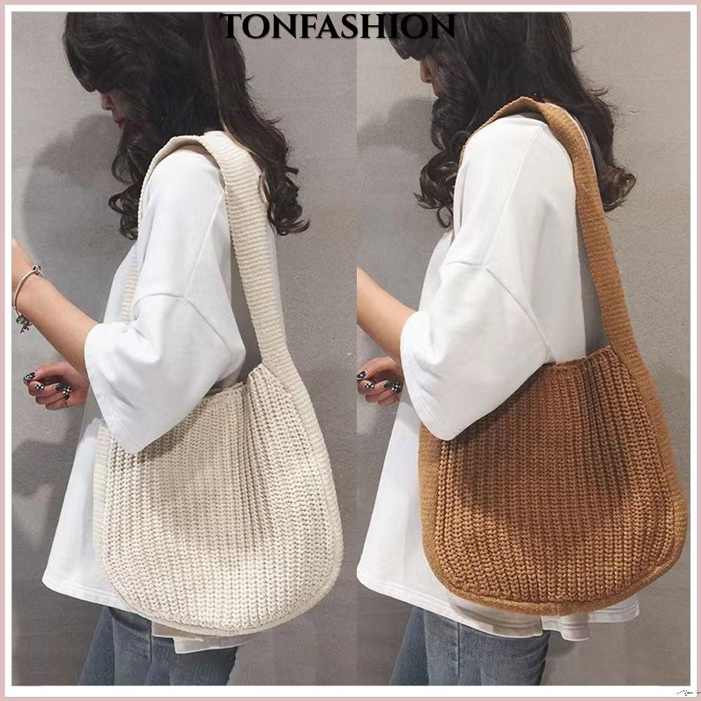 Tonfashion กระเป๋าสะพายไหล่ ผ้าถักโครเชต์ แบบนิ่ม จุของได้เยอะ สไตล์วินเทจ แฟชั่นสําหรับผู้หญิง