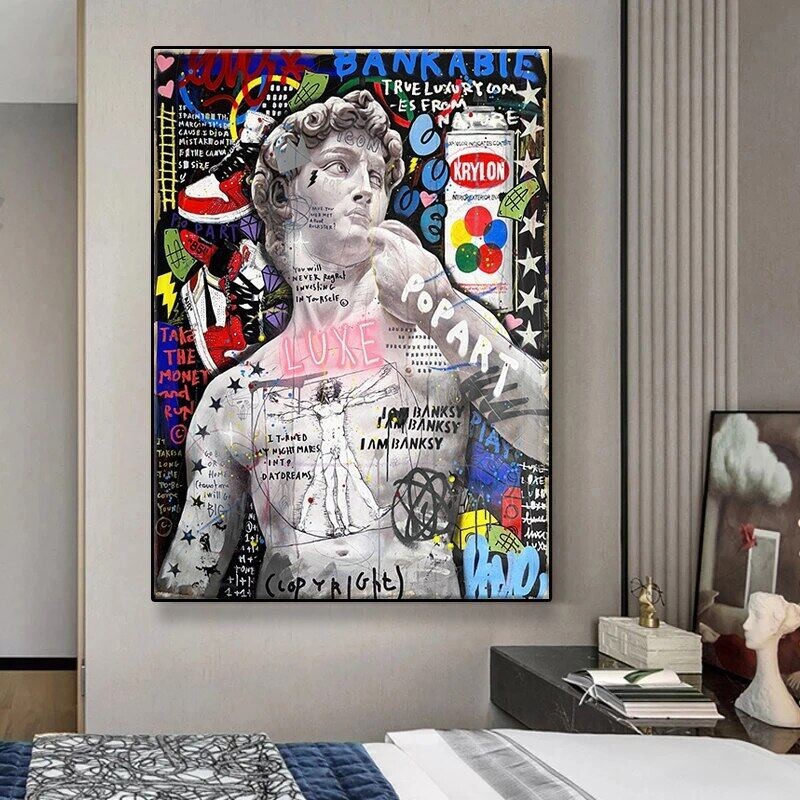 Graffiti David รูปปั้นประติมากรรมผ้าใบภาพวาด Banksy Portrait Art โปสเตอร์พิมพ์ Pop Street Wall Art ภ