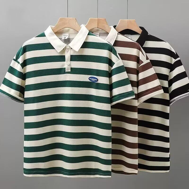 MNO.9 Polo Y119 เสื้อโปโล แขนสั้น ลายแถบ อกซ้ายปักอะไหล่ยาง ระบายอากาศดี เสื้อฤดูร้อน