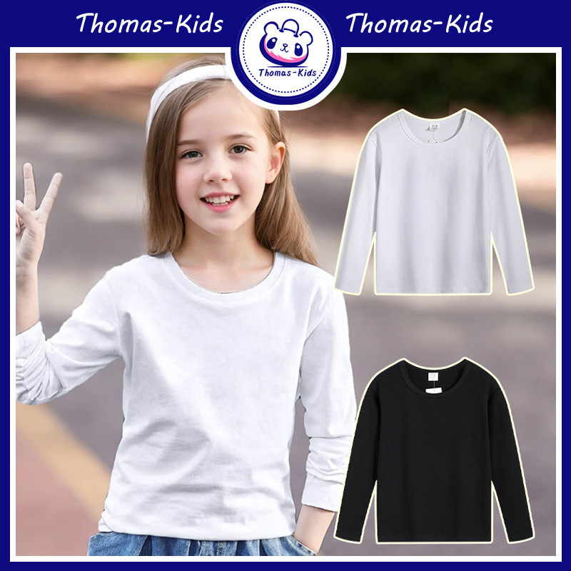 [Local Shipping] เสื้อยืดคอกลม แขนยาว ผ้าฝ้าย 100% สีขาว สําหรับเด็กผู้ชาย อายุ 3-15 ปี