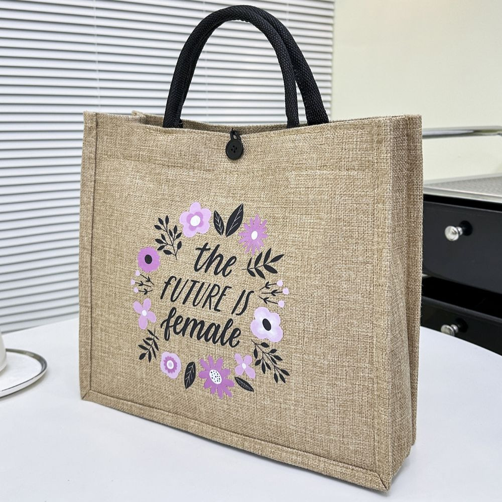 UUMIR กระเป๋าถือชายหาด, กระเป๋าโท้ทผ้าลินินหูหิ้วด้านบนพิมพ์ลายตัวอักษร,กระเป๋าใส่อาหารกลางวันความจุขนาดใหญ่แบบใช้ซ้ําได้ - รูปที่ 4