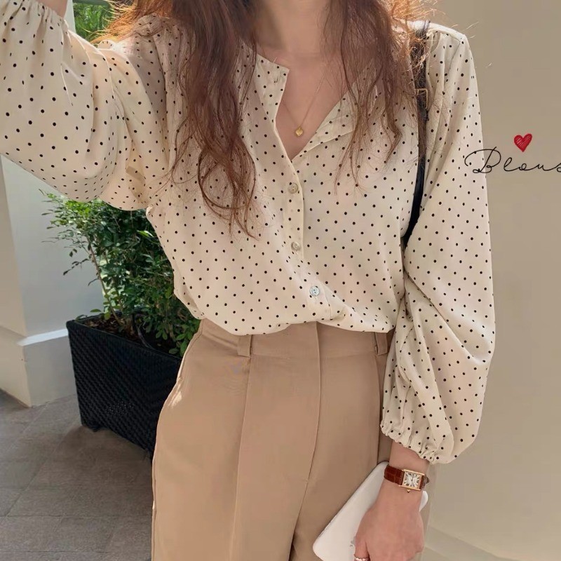 Xiao2 ฤดูใบไม้ผลิเกาหลีผลิตภัณฑ์ใหม่ Retro Polka Dot หลวม All-Match อารมณ์เสื้อแขนยาวหญิงถัก Xijiaji Mink DNZE
