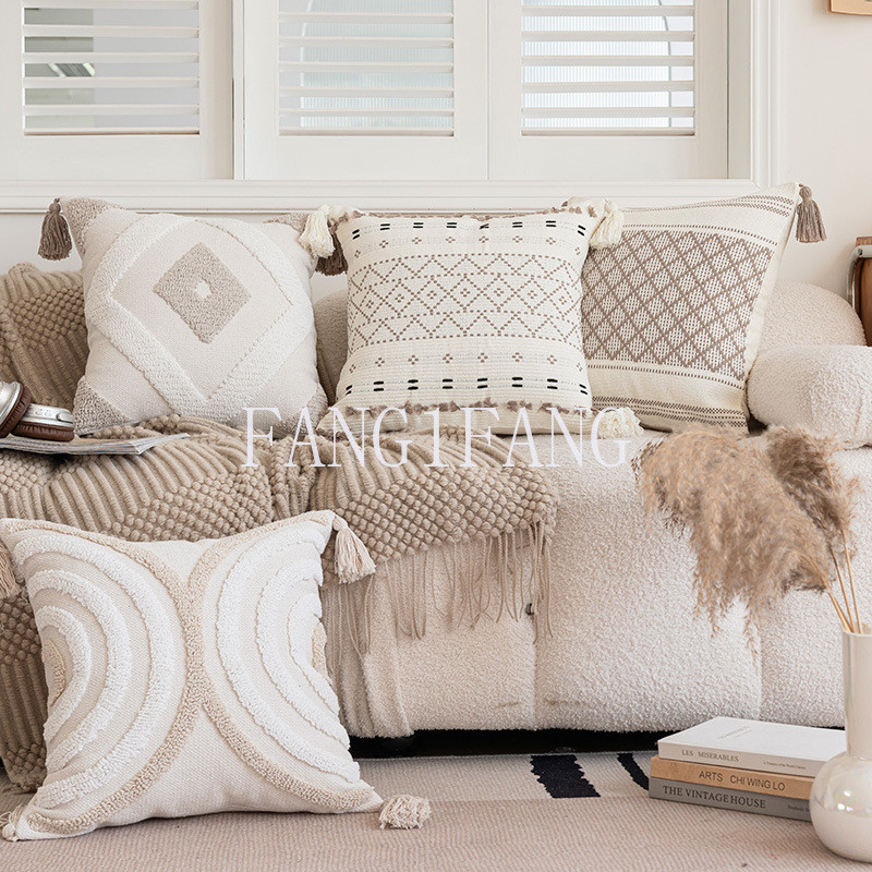 ปลอกหมอนอิง ทรงสี่เหลี่ยม ปักลายพู่ สีดํา สีเบจ สีขาว สไตล์โบโฮ สําหรับตกแต่งบ้าน