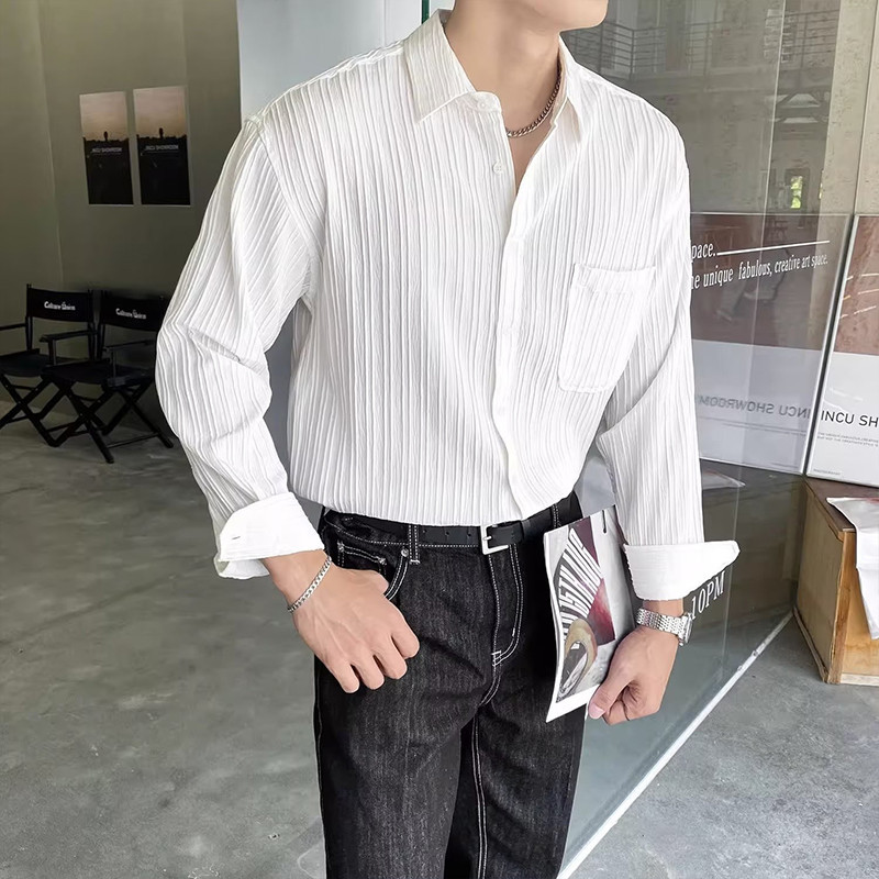 Chaogongfang ผู้ชายย้อนยุคเกาหลีเรียบง่ายจีบเสื้อเชิ้ตแขนยาวลำลอง