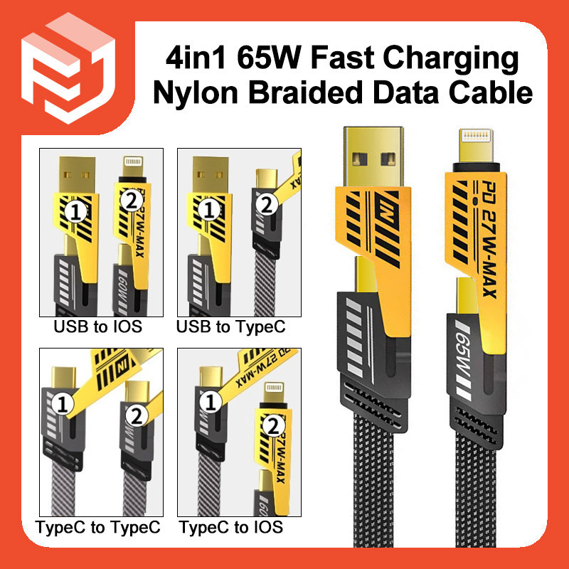 Transformer 4in1 65W สายชาร์จข้อมูลไนล่อนถัก ชาร์จเร็ว สําหรับ Android และ IOS