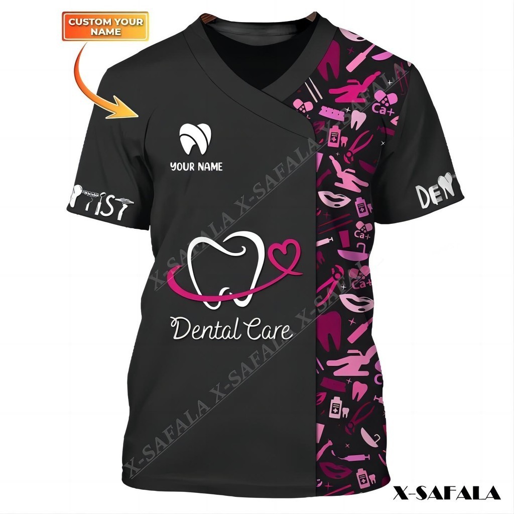 เครื่องมือทันตกรรมรูปแบบ Care Uniform Custom ทันตแพทย์สีดําสีชมพู 3D พิมพ์เส้นใยนมเสื้อยืด Tee ผู้ชายผู้หญิง Casual Top Non Workwear XS-5XL