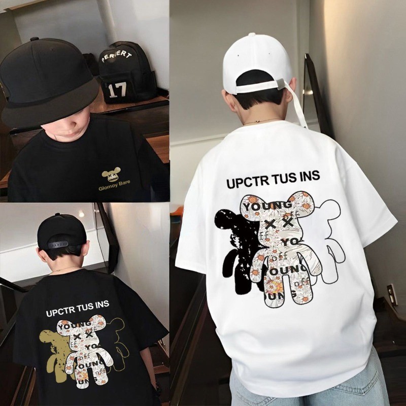 [Boy Top](15-50กก.) ผ้าฝ้าย 100% สไตล์เกาหลีพิมพ์เสื้อยืดหลวมแขนสั้นเด็กสวมใส่แฟชั่นพิมพ์Coolวัยรุ่นTshirt