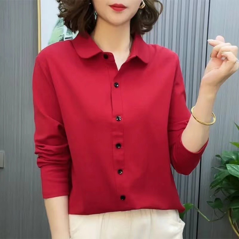 เสื้อโปโลแขนยาว คอปก สีพื้น สไตล์ตะวันตก แฟชั่นฤดูใบไม้ผลิ และฤดูใบไม้ร่วง สําหรับผู้หญิงวัยกลางคน