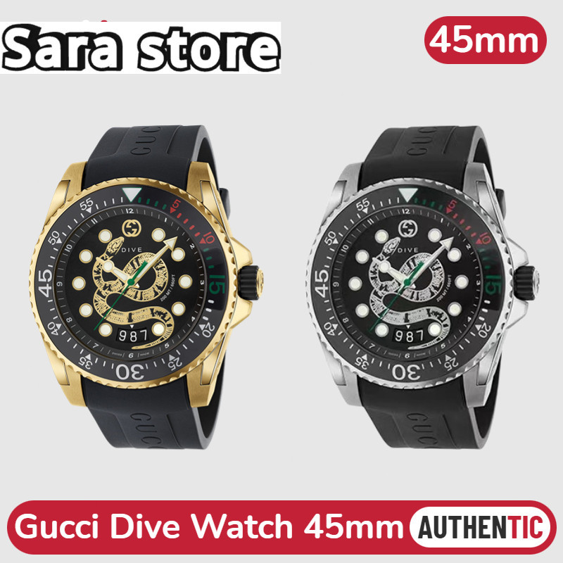 ⌚กุชชี่ Gucci Dive watch 45mm ยางดำ การเคลื่อนไหวควอตซ์ กันน้ำได้ 20 ATM (660 ฟุต / 200 เมตร)