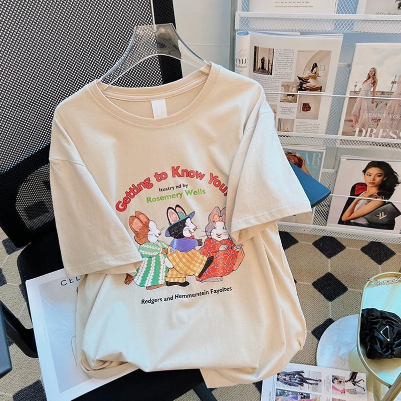 เกาหลี เสื้อแบบดารา เสื้อยืดแขนสั้น CMDXY0535 ผู้ชาย ผู้หญิง ลายทาง ตัวอักษร หลวม ลายสกรีน ฤดูร้อน ฤดูใบไม้ผลิ