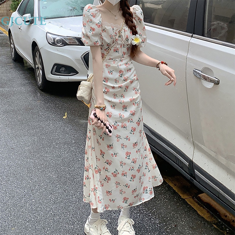 Gjcute ชุดเดรสยาว ทรงเอ พิมพ์ลายดอกไม้ ลูกไม้ แฟชั่นฤดูร้อน สําหรับสตรี WTD