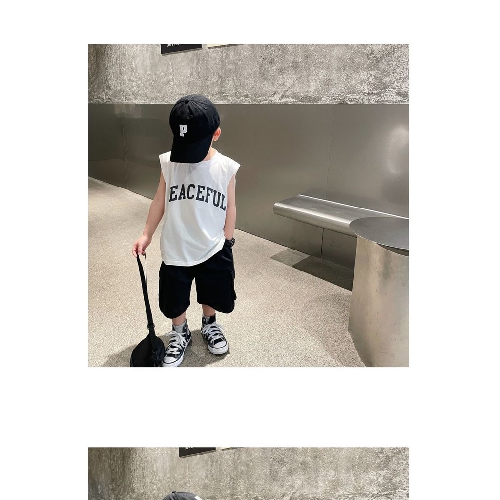 เสื้อยืดแขนกุด พิมพ์ลายตัวอักษร ทรงหลวม เข้ากับทุกการแต่งกาย แฟชั่นสไตล์เกาหลี สําหรับเด็กผู้ชาย