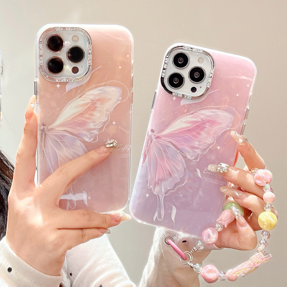 เคสโทรศัพท์มือถือ ไล่โทนสีชมพู และสีม่วง ลายผีเสื้อ พร้อมสายโซ่คล้อง สําหรับ iPhone 15 ProMax 15 14 ProMax 14 Pro 13 ProMax 12 Pro Max 11