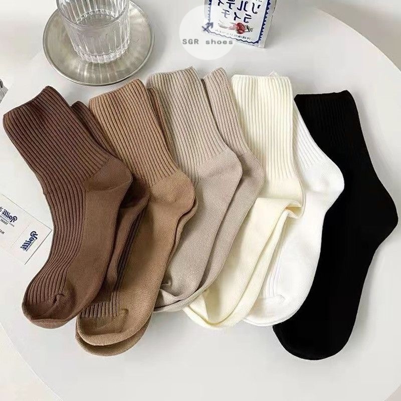 สปอตสินค้า ถุงเท้าผ้าฝ้าย หลากสี สไตล์ญี่ปุ่น สีทึบ ถุงเท้าข้อกลาง สำหรับผู้หญิง ถุงเท้านุ่มสบาย