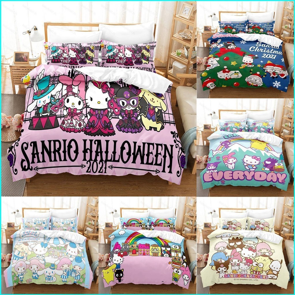 Mg Sanrio Cinnamoroll Kuromi Suit 3IN1 ชุดเครื่องนอน ผ้าปูที่นอน ปลอกหมอนผ้าห่ม บ้าน ห้องนอน หอพัก ล้างทําความสะอาดได้