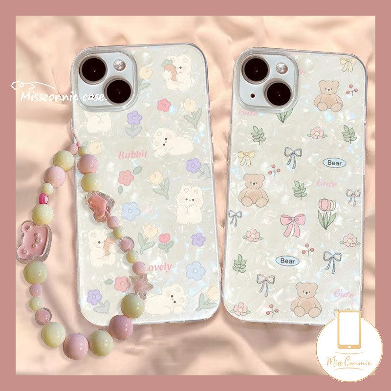 เคสโทรศัพท์มือถือ ลายการ์ตูนหมี กระต่ายน่ารัก พร้อมสายคล้อง ประดับโบว์ และไข่มุก หรูหรา สําหรับ IPhone 11 15 14 13 12 Pro Max XR X 7Plus XS Max 6 7 6s 15 8 Plus SE 2020