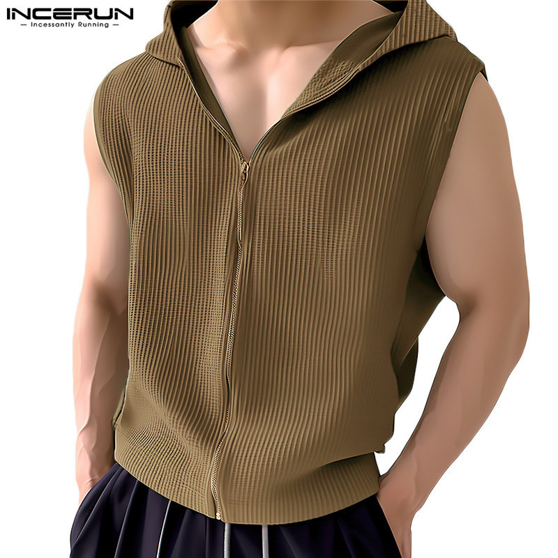 Incerun ผู้ชาย เกาหลี ประจําวัน สีพื้น แขนกุด ซิป เสื้อกล้ามแฟชั่น