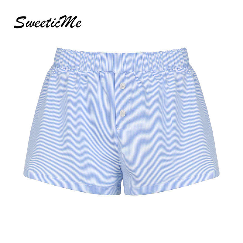 SweeticMe กางเกงขาสั้นสตรีแฟชั่นใหม่ชายหาดวันหยุดเอวยางยืดลายทาง – โปรปัง