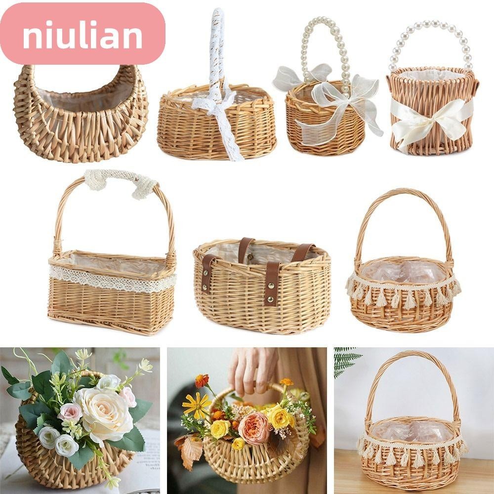 Niulian ตะกร้าหวายสาน ลายดอกไม้ สีเหลือง พร้อมหูหิ้ว ขนาดเล็ก สําหรับใส่ดอกไม้ ปิกนิก งานแต่งงาน