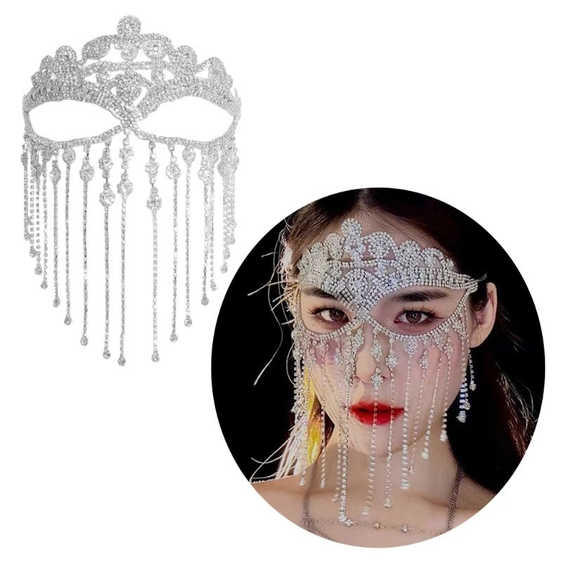 Miss* Rhinestones Tassels Veil Full Face Women Chain Face Masquerade Dance