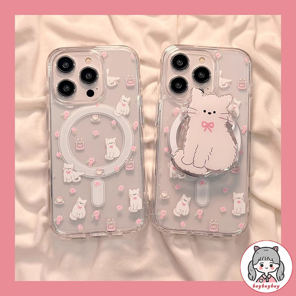เคสโทรศัพท์มือถือ TPU นิ่ม กันฝุ่น ปิดด้านหลัง ลายแมวสีชมพู พร้อมขาตั้งแม่เหล็ก สําหรับ IPhone 11 15 14 13 12 Pro Max X XR 8 7 Plus