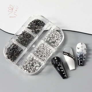 [maybeauty] 6 กริด Y2K Punk โลหะ Rivet เล็บ Charms กรวยผสม Sized สีดําเงินเล็บ Studs 3D สไตล์โลหะผสม Spike สําหรับ DIY เล็บตกแต่ง {TH}
