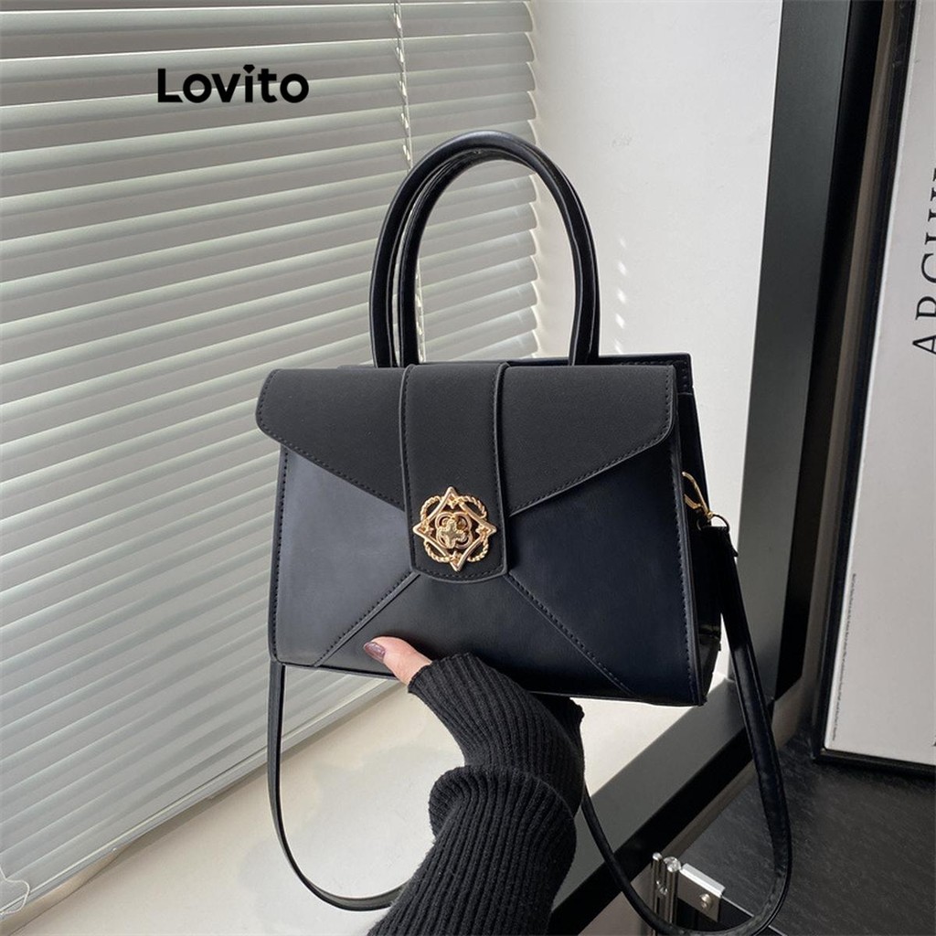 Lovito กระเป๋ากระเป๋าถือทรงพนังโลโก้โลหะธรรมดาหรูหราสําหรับผู้หญิง LFA65129