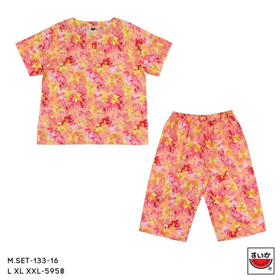 แตงโม (SUIKA) - เซ็ทชุดนอนผ้าป่านมัสลินเสื้อคู่กางเกง ลายดอกไม้ ( M.SET-133 )