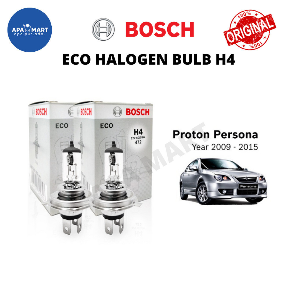 Bosch Eco H4 หลอดไฟหน้าฮาโลเจน 12V 60/55W H4 หลอดไฟสําหรับ Proton Persona (2009-2015) Lampu Mentol D