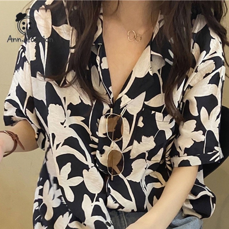 Ann.Fashion เสื้อสงกรานต์2024 พร้อมส่ง ผ้าไหมอิตาลี เสื้อฮาวายลายดอก กระดุมหน้าใช้งานได้จริง ลายดอก ใส่สวย #312