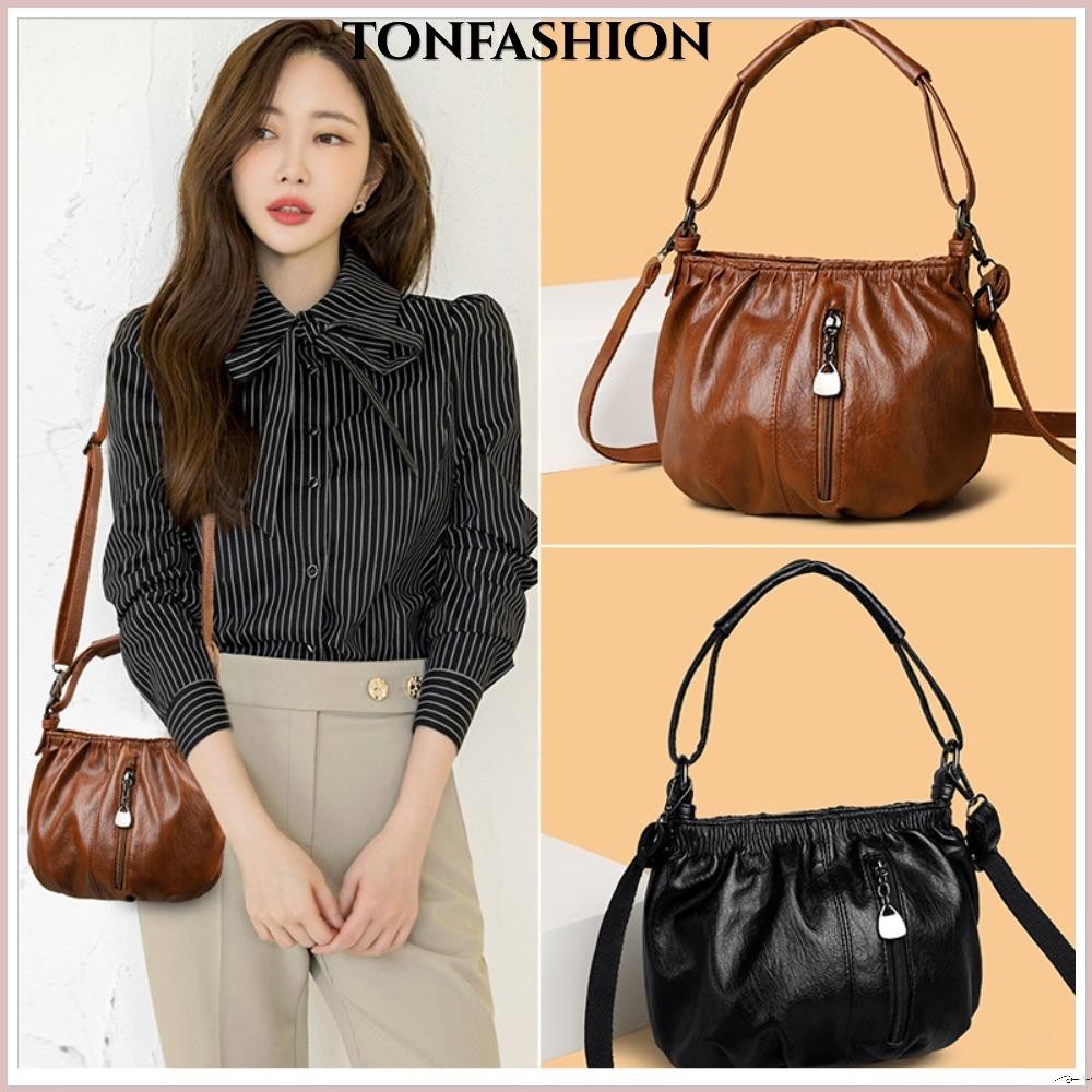 Tonfashion กระเป๋าสะพายไหล่ ทรงบักเก็ต หนัง Pu มีซิป สีพื้น สไตล์เรโทร สําหรับผู้หญิง