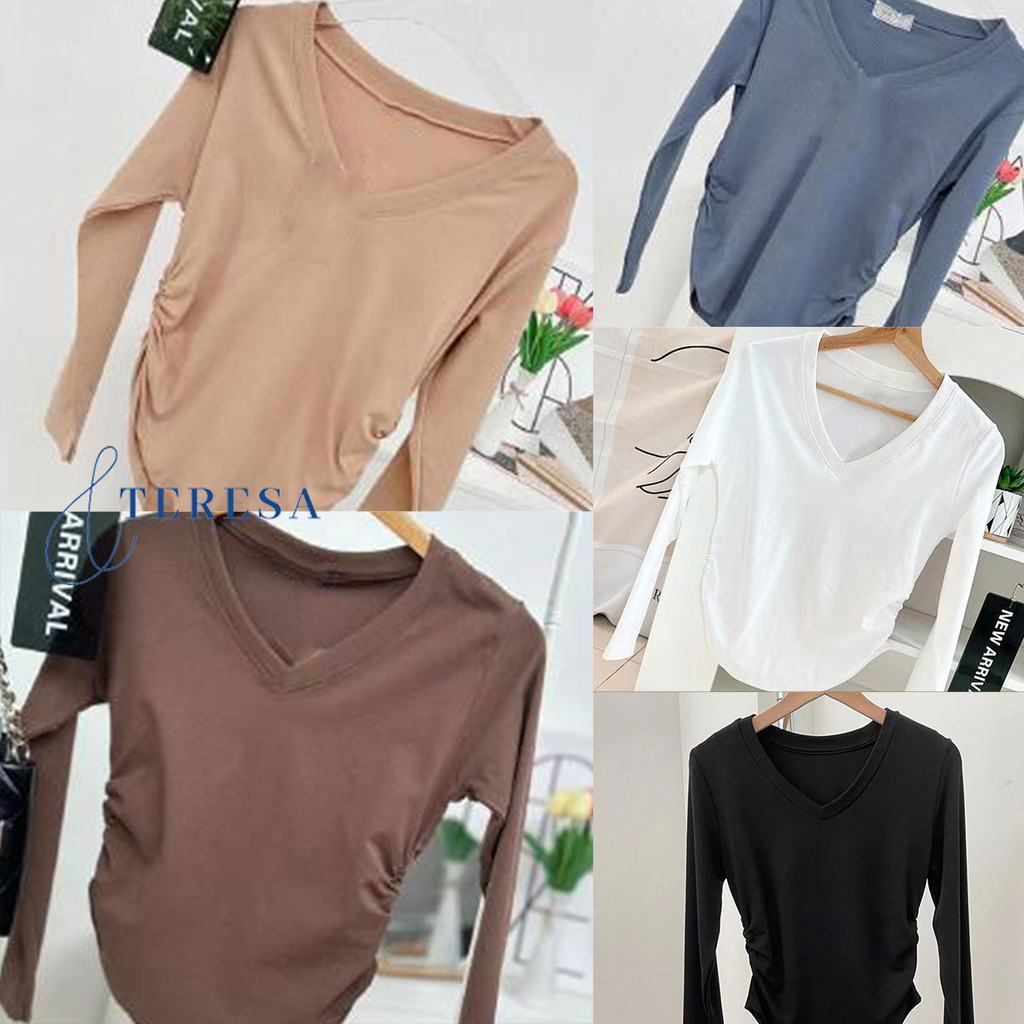 เสื้อครอปแขนยาว คอวี ทรงสลิมฟิต แฟชั่นใหม่ สําหรับผู้หญิง