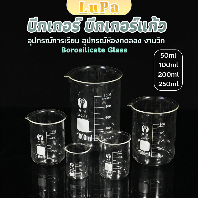 LuPa บีกเกอร์ แก้ว ขนาด 50ml, 100ml, 200ml and 250ml พร้อมส่ง Glass Beaker
