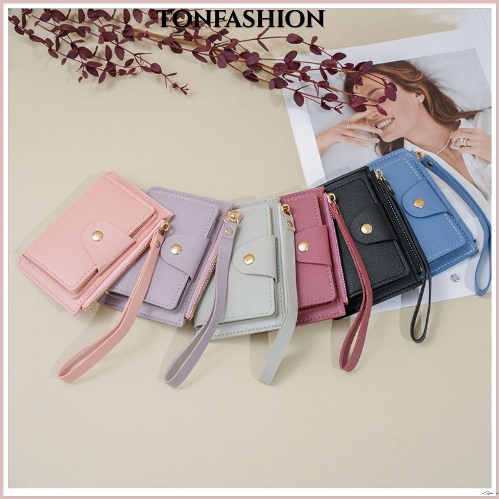 Tonfashion กระเป๋าสตางค์ หนัง PU มีซิป ใส่เหรียญได้หลายใบ แบบพกพา สีพื้น แฟชั่นสําหรับสตรี