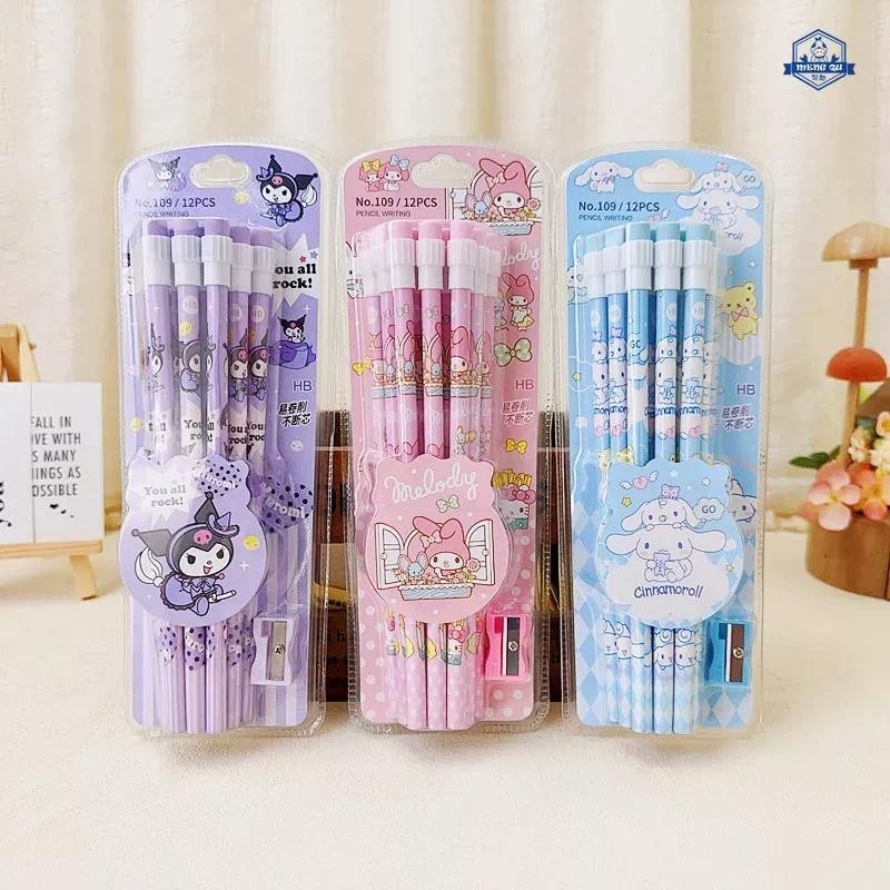 ดินสอ HB น่ารัก 12 ชิ้น Sanrio My Melody Kuromi Cinnamoroll โรงเรียน สํานักงาน เขียนปากกา ดินสอเด็ก ยางลบ เครื่องมือวาดภาพ
