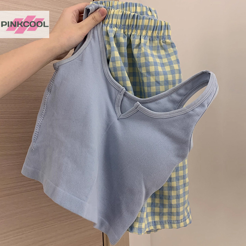 Pinkcool ชุดนอน เสื้อกั๊ก เอวยางยืด ลายดอกไม้ พร้อมกางเกง เบาะหน้าอก เหมาะกับฤดูร้อน สําหรับผู้หญิง ขายดี