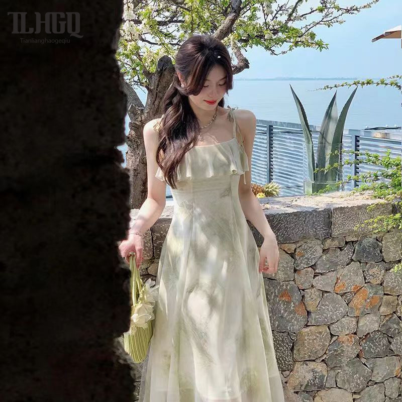 Tian-lianghaogeqiu ชุดเดรสกระโปรงยาว แขนกุด ลายดอกไม้ เซ็กซี่ สําหรับสตรี