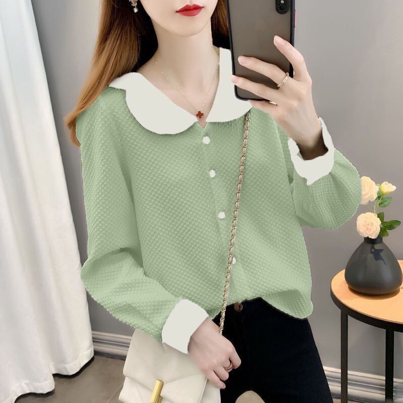 เสื้อเชิ้ตชีฟองแขนยาวคอตุ๊กตาสไตล์เกาหลีอินสไตล์ เสื้อสีขาวสีพื้นลดอายุ