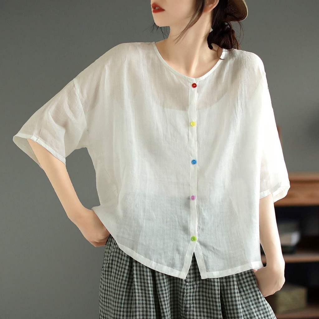 เสื้อเชิ้ตแขนสั้นลําลอง ผ้าฝ้าย และผ้าลินิน ทรงหลวม เข้ากับทุกการแต่งกาย แบบเรียบง่าย แฟชั่นฤดูร้อน สไตล์เรโทร สําหรับผู้หญิง