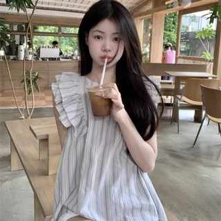 Amber~เสื้อเชิ้ต ผ้าฝ้ายแท้ แขนกุด แถบแฟชั่น สไตล์เกาหลี