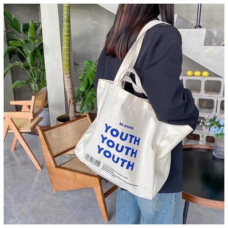🔥กระเป๋าสะพายไหล่ มีซิป ผ้าแคนวาส แบบเรียบ สไตล์เกาหลี Canvas Bag กระเป๋าสะพายข้าง กระเป๋าผ้าสวยๆ Tote bag