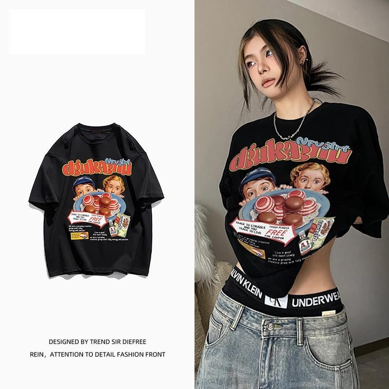 เกาหลี เสื้อแบบดารา เสื้อยืดแขนสั้น CMDXY0338 ผู้ชาย ผู้หญิง ลายทาง ตัวอักษร หลวม ลายสกรีน ฤดูร้อน ฤดูใบไม้ผลิ
