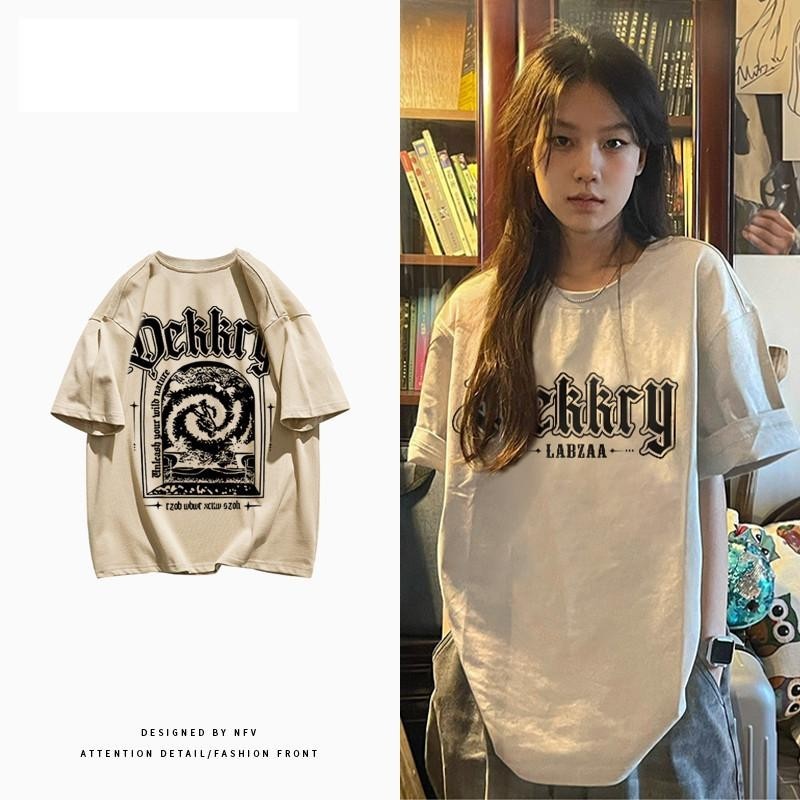 เกาหลี เสื้อแบบดารา เสื้อยืดแขนสั้น CMDXY0333 ผู้ชาย ผู้หญิง ลายทาง ตัวอักษร หลวม ลายสกรีน  ฤดูร้อน ฤดูใบไม้ผลิ