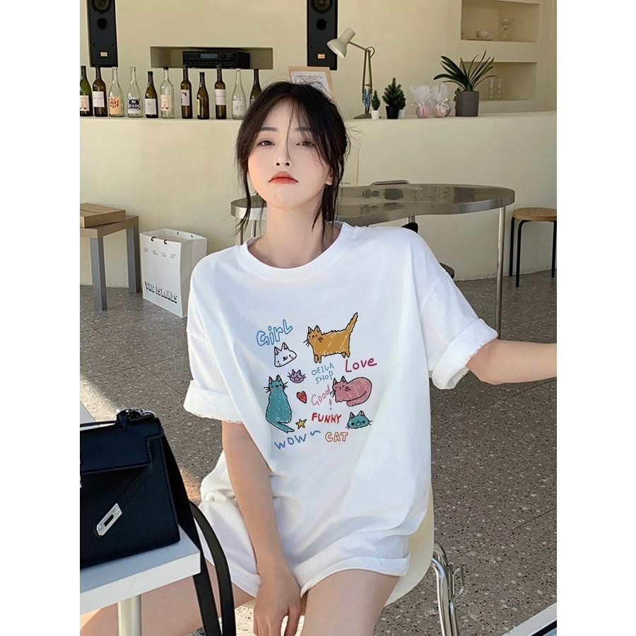 เกาหลี เสื้อแบบดารา เสื้อยืดแขนสั้น CMDXY0189 ผู้ชาย ผู้หญิง ลายทาง ตัวอักษร หลวม ลายสกรีน  ฤดูร้อน ฤดูใบไม้ผลิ