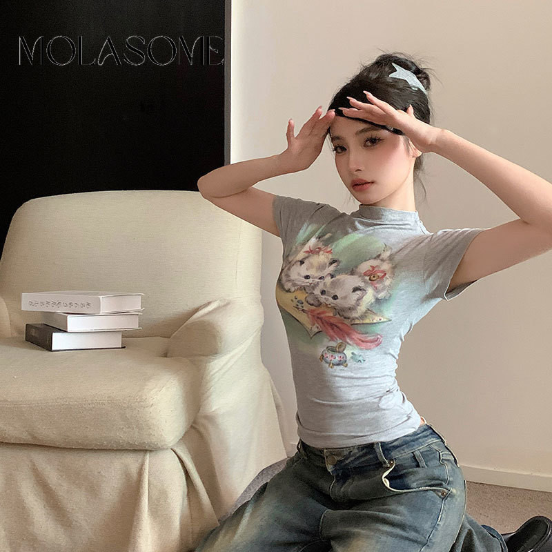 Molasome เสื้อยืด คอสูง แขนสั้น พิมพ์ลายแมว ทรงสลิมฟิต แฟชั่นฤดูร้อน สําหรับผู้หญิง 2024