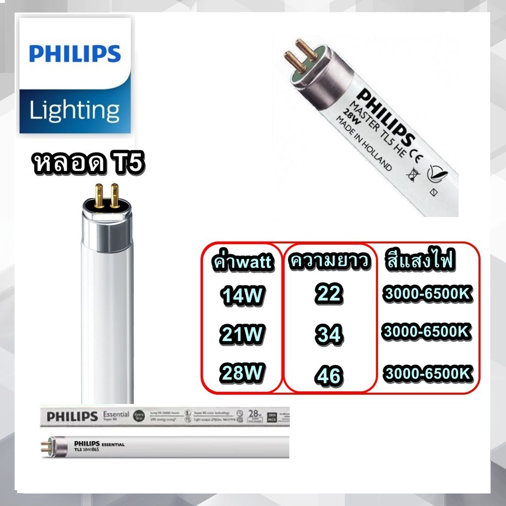 (แพ็ค2หลอด)หลอดไฟ T5 14W 21W 28W philips ฟิลลิป์ TL5 แสงขาว แสงส้มกลาง แสงส้ม สินค้าเสียหายแจ้งเคลมฟ