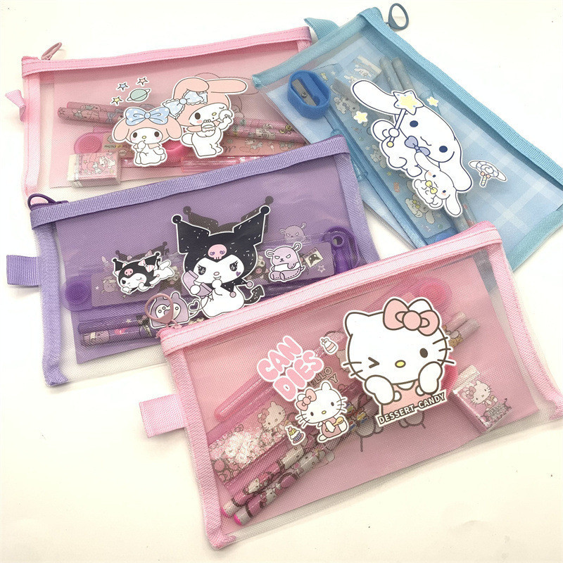 8 ชิ้น/เซ็ต Sanrio ไนลอนตาข่ายชุดเครื่องเขียนกระเป๋าดินสอการ์ตูน Kuromi Melody Cinnamoroll ดินสอกรณีนักเรียนรางวัลเด็ก