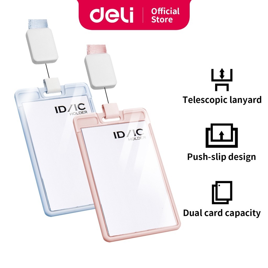 Deli ID/IC Card Nametag แนวตั้งสีชมพู/น้ําเงิน เชือกกระโดดยืดไสลด์ 64803